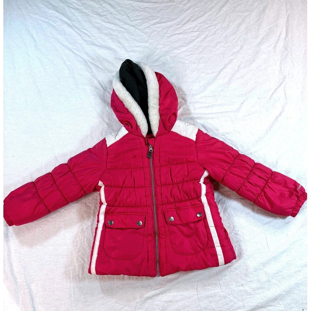 London Fog Kids M 5-6 Puffer Jacket Pink White Faux Fur Trim Hooded Coat C56